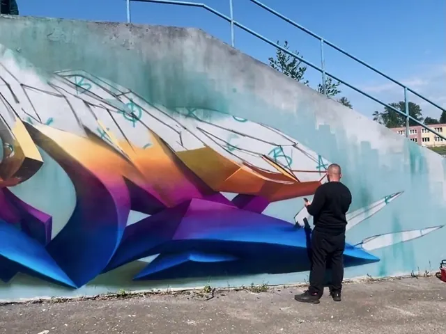 Umelec pri maľovaní 3D graffiti na múre